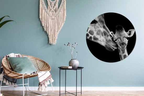 WallCircle - Papier peint cercle - Papier peint autocollant - Animaux sauvages - Girafe - Famille - Zwart - Wit - 100x100 cm - Papier peint cercle chambre d'enfant - Papier peint cercle