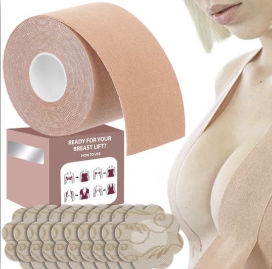 Boob Tape - Boobtape - Plak BH - Inclusief 10 x Wasbare Nipple Covers - Borst Tape - 5 Meter