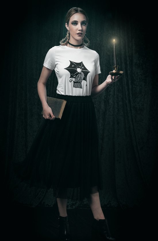 Rick & Rich - Wit T-shirt - Umbrella - The Addams Family - Gothic T-shirt - Wednesday T-shirt - Wit Wednesday T-shirt - Wit T-shirt maat XXL - T-shirt met ronde hals - Wednesday Addams