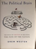 Boekomslag met de titel 'The Political Brain'. Een afbeelding van het Witte Huis en een labyrint in de vorm van een hersenen met een olifant en een ezel.