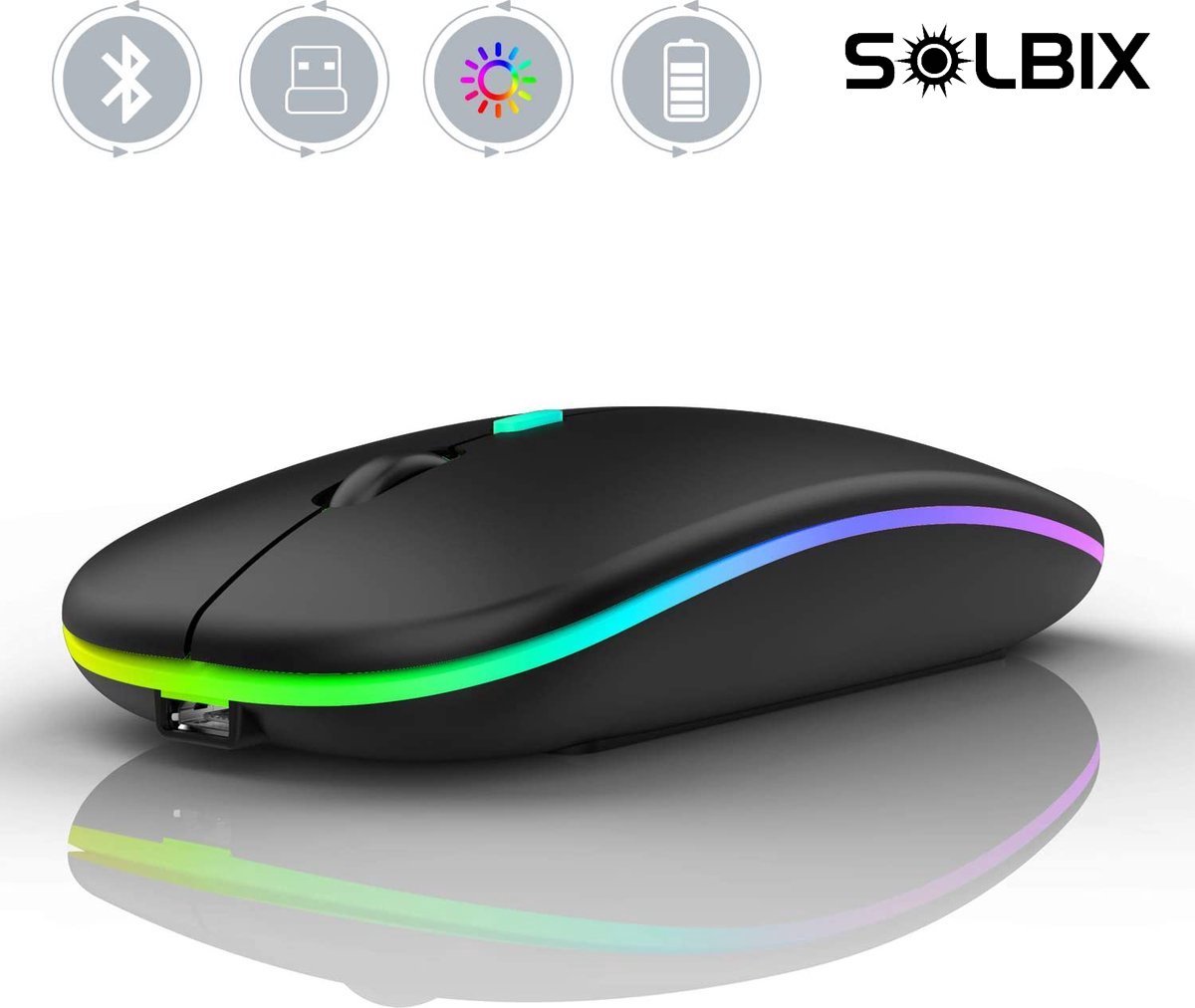 SOLBIX® Draadloze Muis 2.4G - Oplaadbaar - Bluetooth Muis Draadloos - RGB LED Computermuis - Laptop - Universeel - Ergonomisch - 4 Knoppen - Stil