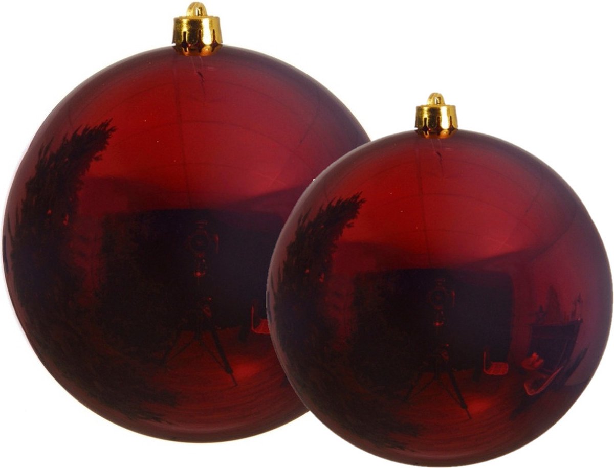 Decoris grote kerstballen - 2x stuks - donkerrood - Dia 14 en 20 cm - kunststof - kerstversieringen