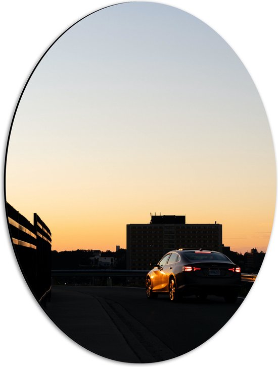 WallClassics - Dibond Ovaal - Auto op Dak van Parkeergarage - 42x56 cm Foto op Ovaal (Met Ophangsysteem)