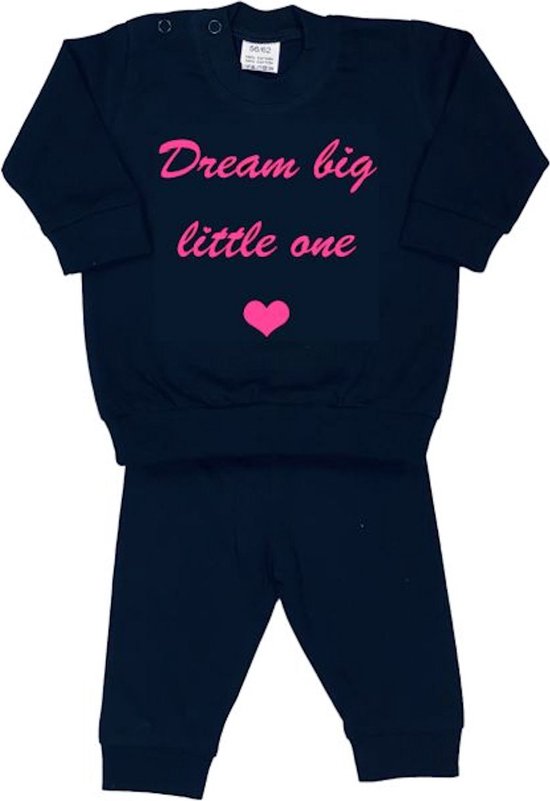 La Petite Couronne Pyjama 2-Delig "Dream big little one" Unisex Katoen Zwart/roze Maat 68/74
