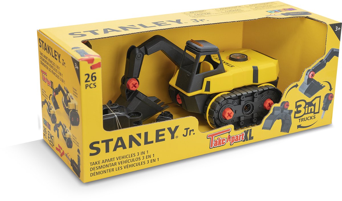 Stanley Jr. Stanley Speelgoed Graafmachine Voor Kinderen vanaf 3 Jaar 26 Onderdelen Incl. Schroevendraaier en Speelgoedfiguur STEM-Speelgoed Zwart Geel