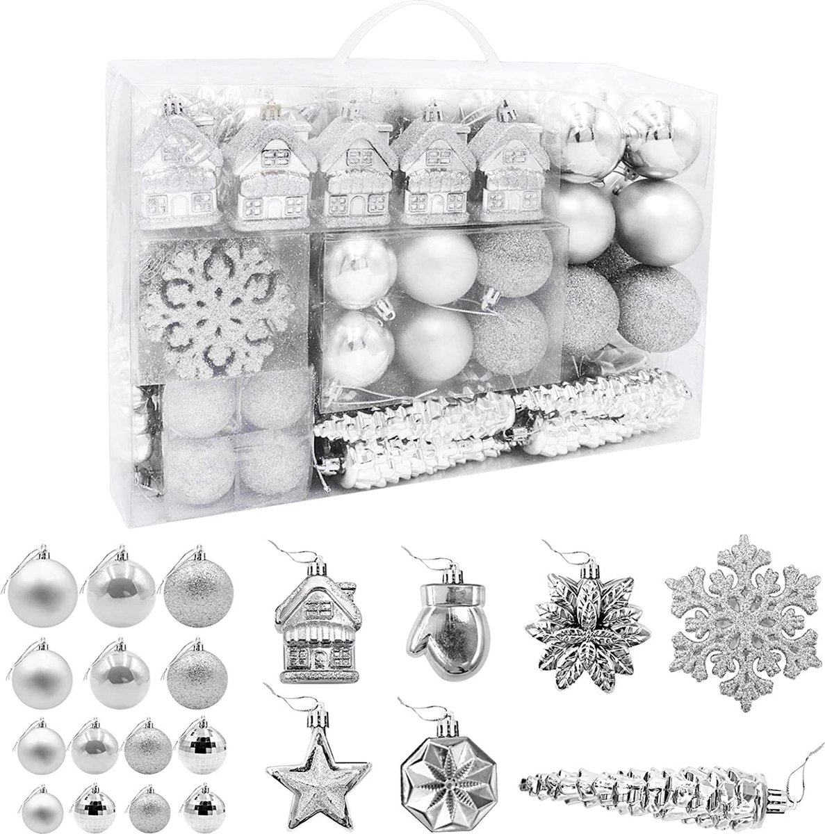 113 kerstballen, kerstboomversiering, ophanghaakjes, kerstballen voor de kerstboomversiering, kerstballen (zilver)