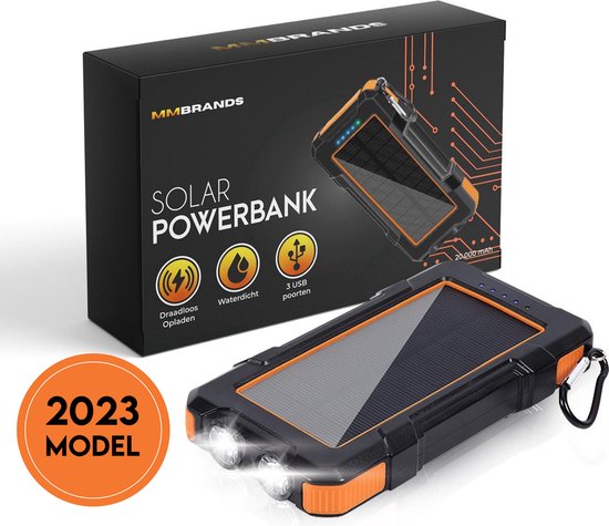 MM Brands Solar Powerbank mah - USBC/Micro USB - Wireless Charger - Oranje | bol.com