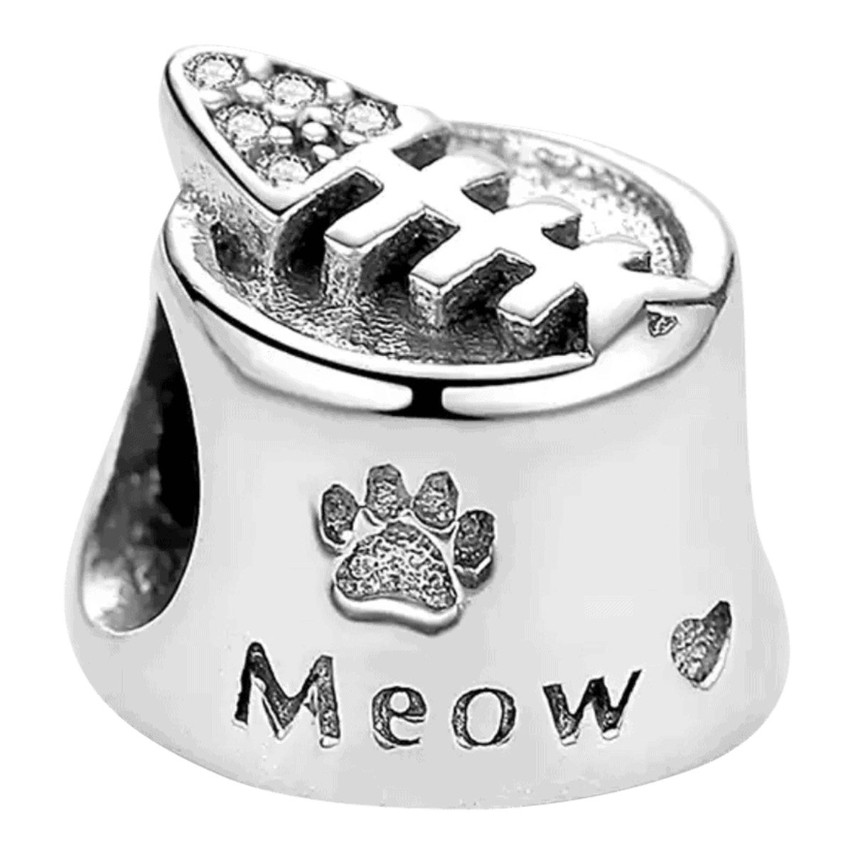 Tracelet - Zilveren bedels - Bedel voederbak kat | Met zirkonia | 925 Sterling Zilver - Pandora Compatible - Met 925 Zilver Certificaat - Tip voor Valentijn