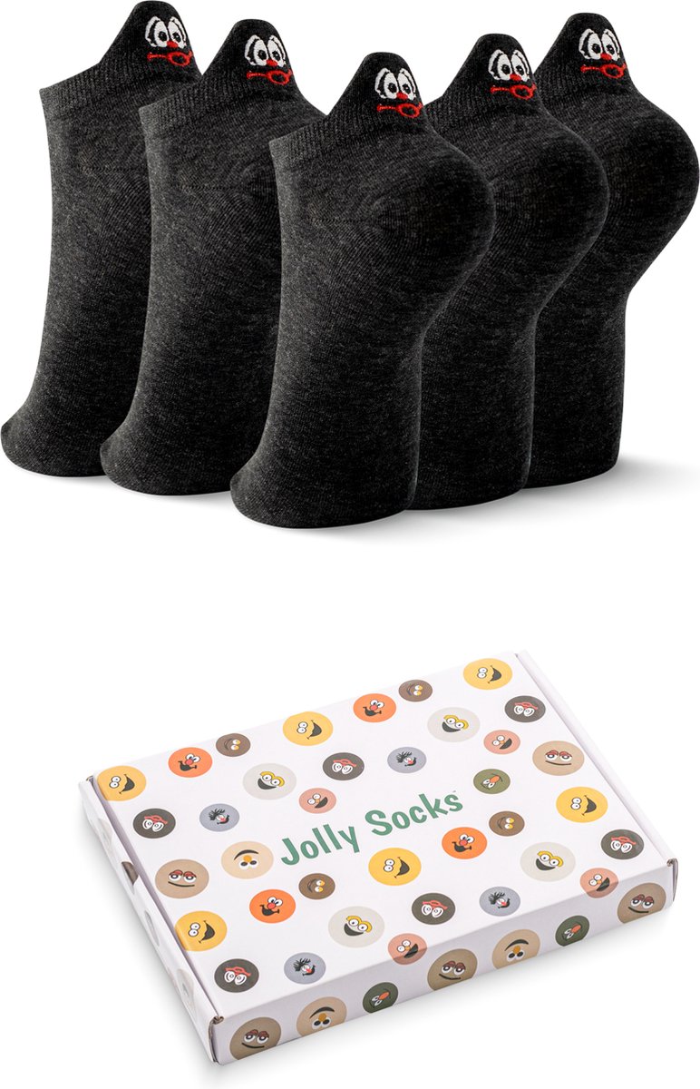 Jolly Socks - 5 Paar zwart - Sneakersokken dames - Grappige sokken - Enkelsokken Dames - Funny socks - Vrolijke sokken - Leuke sokken - Smiley sokken - Maat 35-42