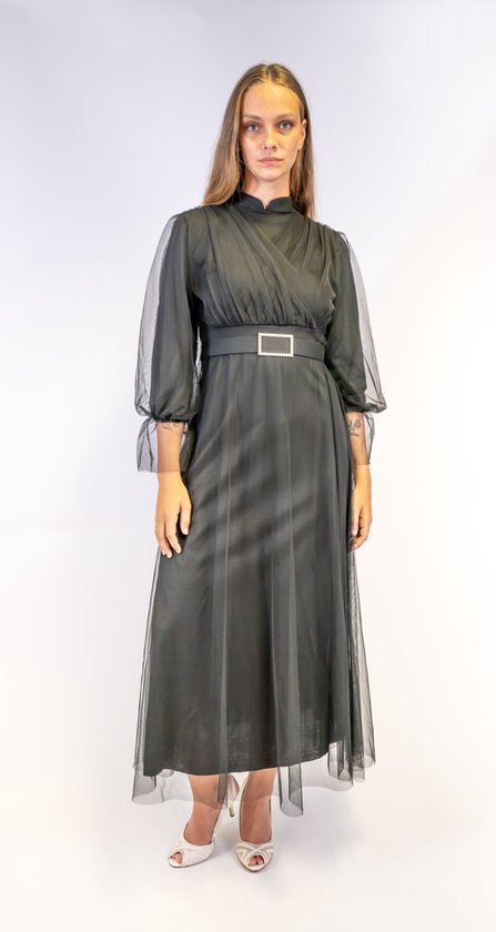 Tule jurk -zwart- Maat 38- In het oog springend: Chique en modieuze zwarte jurk met een prachtige bloemenprint voor dames
