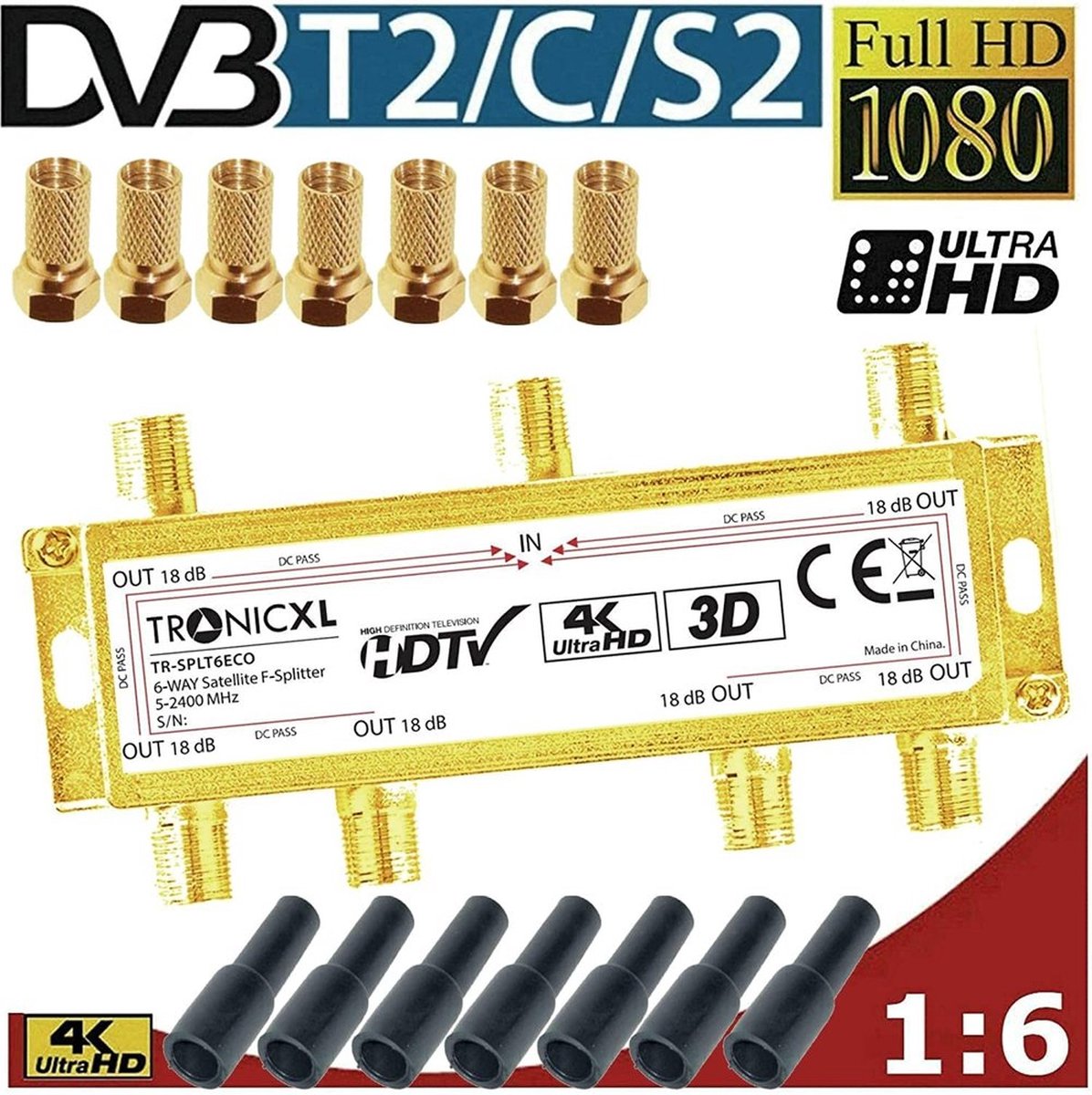 TronicXL 6-voudige sat verdeler + F-stekker + bescherming tegen weersinvloeden weerbestendig I premium tv-kabel adapter antenneverdeler kabeltelevisie DVBC - geschikt voor Unicable 6-voudig HD geschikt 4K HDTV DC-doorlaat FM radio SAT