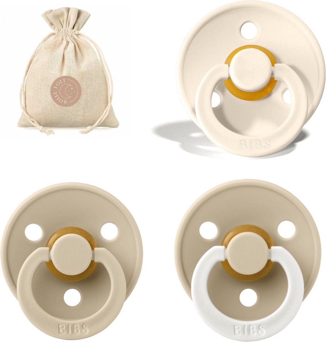 Goedkoopste BIBS spenen T1 met speenzakje | Ivory, Vanilla, Vanilla Glow in the dark | 0 tot 6 maanden