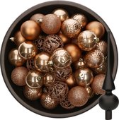 Kerstballen 37x stuks - camel bruin 6 cm - met glazen piek zwart