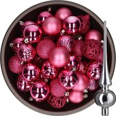 Bellatio Decorations de Boules de Noël 37x pièces - rose fuchsia 6 cm - avec visière en verre argent