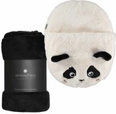 Apollo - Fleece deken zwart 125 x 150 cm met voetenwarmer slof panda beer one size
