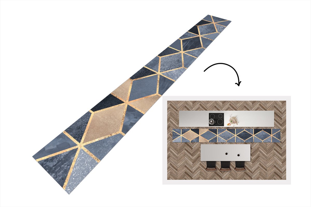 KitchenYeah Keukenloper - Loper keuken - Kubus - Goud - Luxe - Patronen - 480x60 cm - Keukenloper vinyl Multicolor