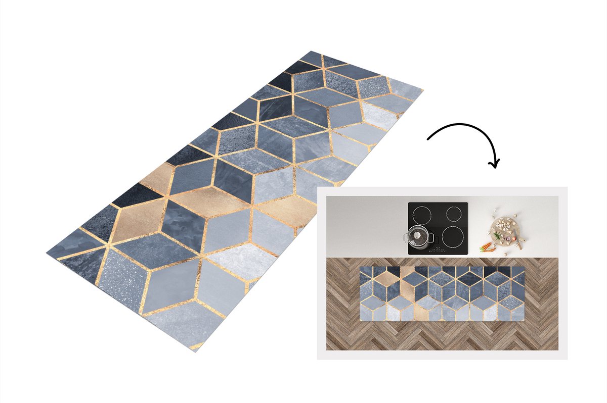 KitchenYeah Keukenloper - Loper keuken - Kubus - Goud - Luxe - Patronen - 180x60 cm - Keukenloper vinyl Multicolor