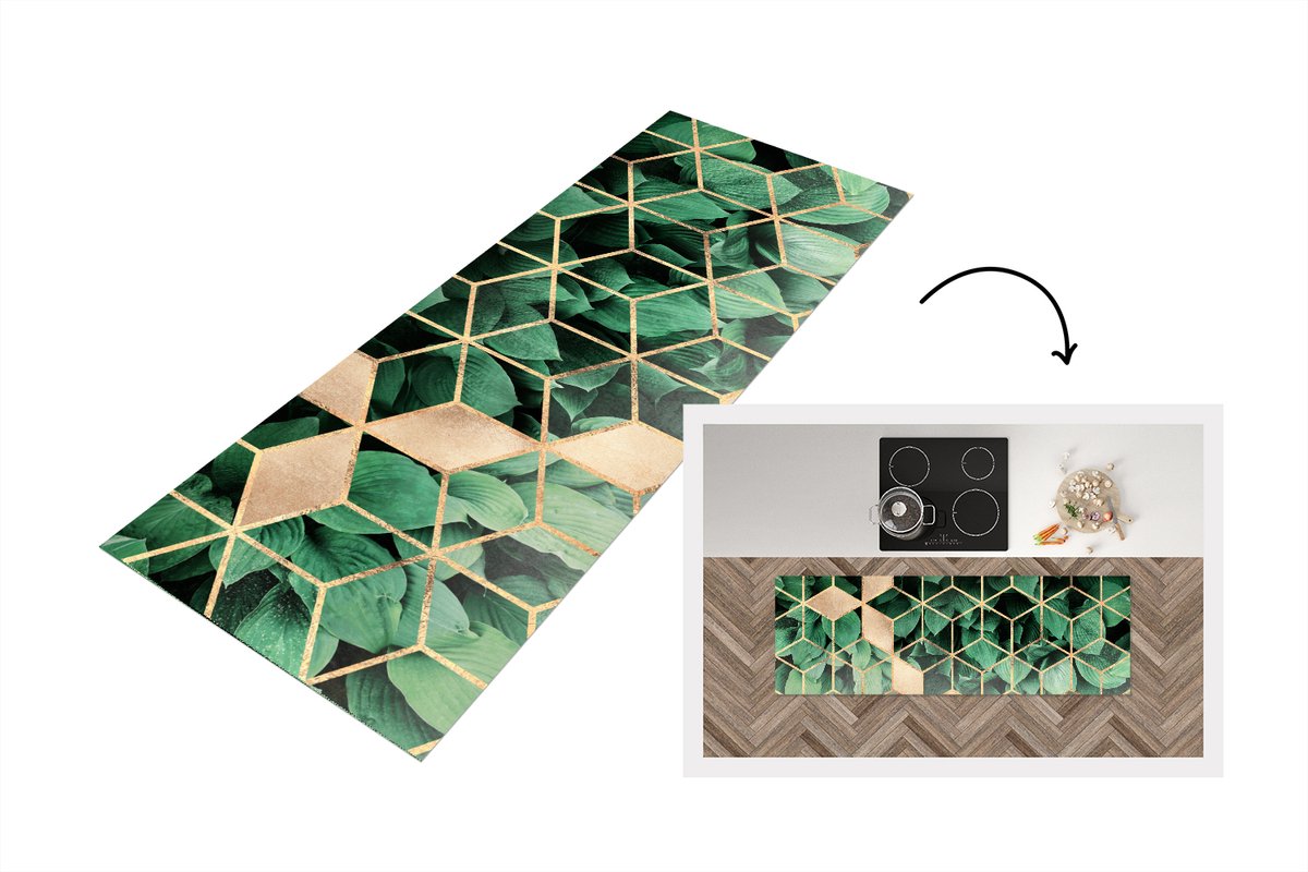 KitchenYeah Keukenloper - Loper keuken - Bladeren - Goud - Patronen - Kubus - Luxe - 180x60 cm - Keukenloper vinyl Multicolor