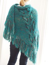 YELIZ YAKAR - Luxe Dames Hand Gebreide omslagdoek-driehoek sjaal “Trian VI”- groen en bruin/geel gemêleerde kleuren - Acryl en Wol mix - Inclusief sierspeld -designer  kleding