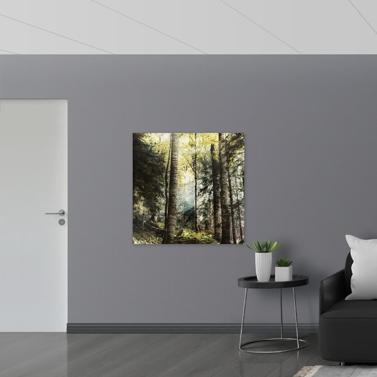 WallClassics - Poster Glossy - Arbres Verts avec Soleil - 100x100 cm Photo sur Papier Poster avec Finition Brillante