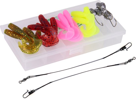Mini Shad Box avec têtes plombées et bas de ligne en acier - Ensemble de 28 pièces - Lignes inférieures souples et têtes plombées de 3 cm #10 - Pêche à la perche et aux petits carnassiers