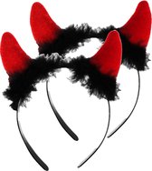 Halloween duivel diadeem met pluche - 2 stuks - rood - kunststof