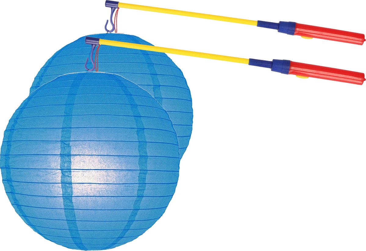 Sint Maarten 2x stuks blauwe lampionnen 25 cm met 2x lampionstokjes
