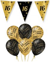 16 jaar verjaardag versiering pakket zwart/goud vlaggetjes/ballonnen