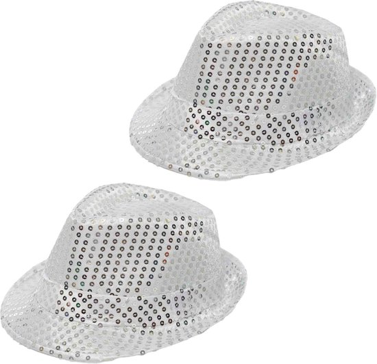 Partychimp Trilby hoeden met pailletten - 2x stuks - zilver - glitter