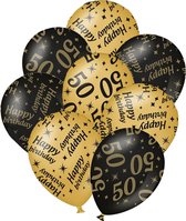 Verjaardag ballonnen - 50 jaar en happy birthday 12x stuks zwart/goud