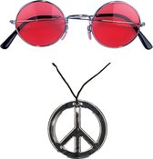 Toppers in concert - Smiffys Hippie Flower Power verkleed set peace ketting en ronde rode glazen party bril