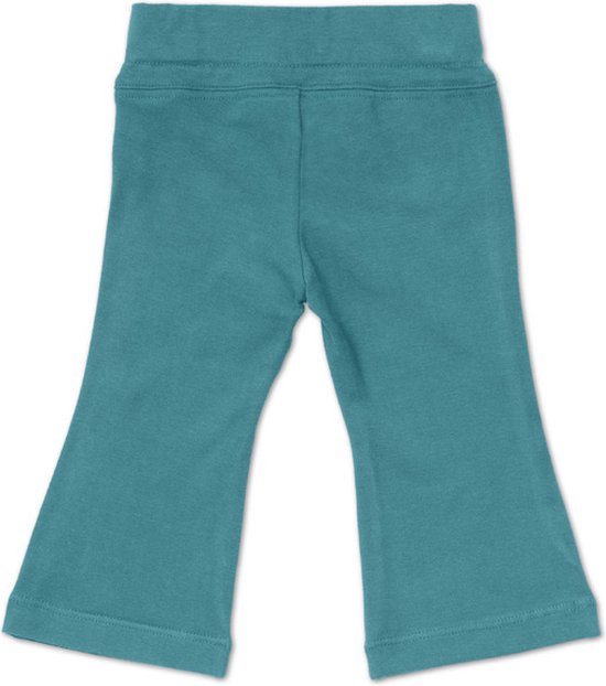 Een petrolblauwe broek met wijde pijpen, een elastische tailleband en een gladde afwerking.