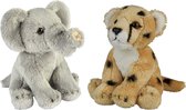 Ravensden - Safari dieren knuffels - 2x stuks - Olifant en Cheetah - 15 cm