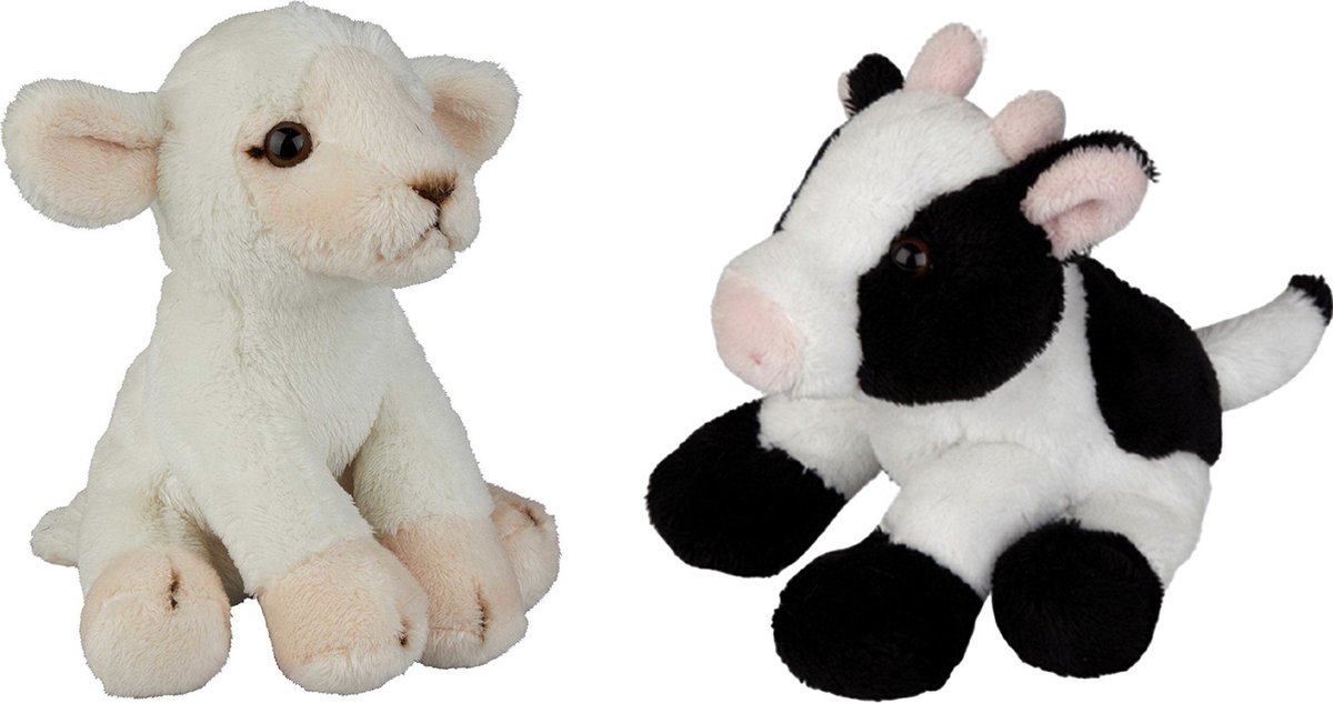 Ravensden - Boerderij dieren pluche knuffels - 2x stuks - Schaap en Koe - 15 cm