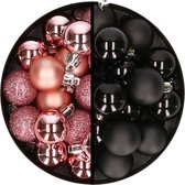 Kerstballen 36x stuks - 3 en 4 cm - roze en zwart - kunststof