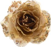 Gouden glitter roos met clip 14 cm - Kerst/decoratie kunstbloemen