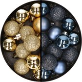 Kerstballen 34x st - 3 cm - goud en donkerblauw - kunststof