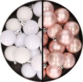 Kerstballen 36x stuks - 3 en 4 cm - wit en lichtroze - kunststof