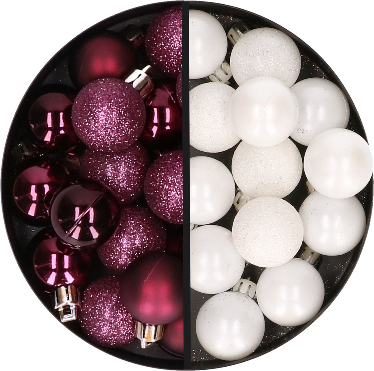Kerstballen 34x st - 3 cm - aubergine paars en wit - kunststof