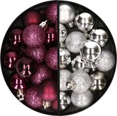 Kerstballen 34x st - 3 cm - aubergine paars en zilver - kunststof