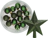 Decoris kerstballen 14x st 3 cm - met ster piek - donkergroen - kunststof