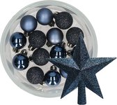 Decoris kerstballen 14x st 3 cm - met ster piek - donkerblauw - kunststof