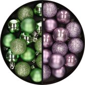 Kunststof kerstballen -28x st. - groen en lila paars -3 cm - kunststof