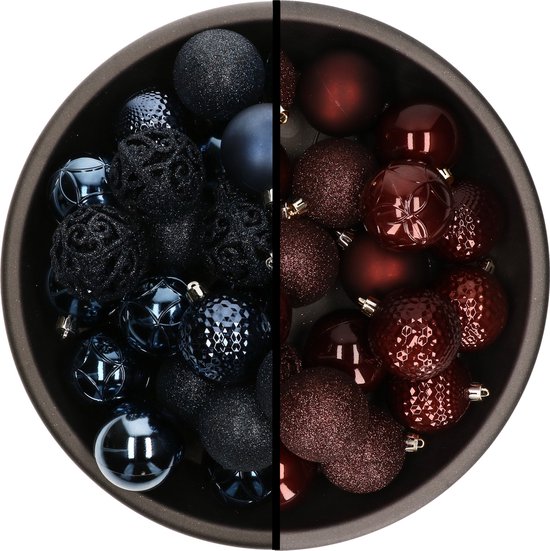 Kerstballen - 74x stuks - donkerblauw en bruin - 6 cm - kunststof