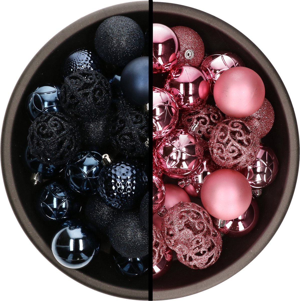 Kerstballen - 74x stuks - donkerblauw en roze - 6 cm - kunststof