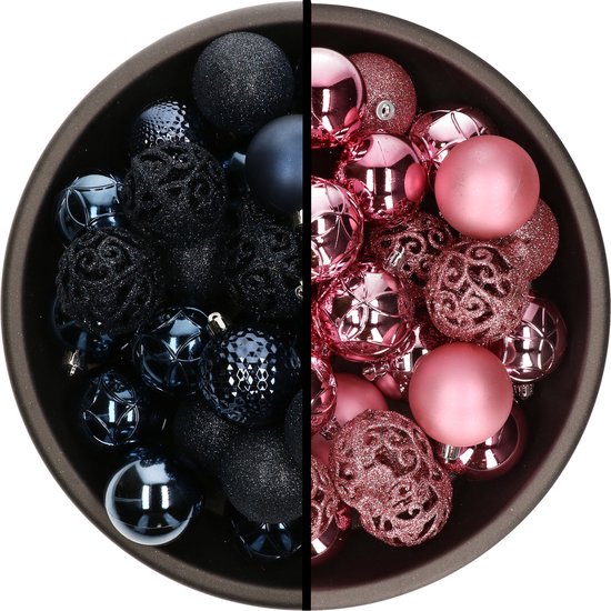 Kerstballen 74x stuks donkerblauw en roze 6 cm kunststof