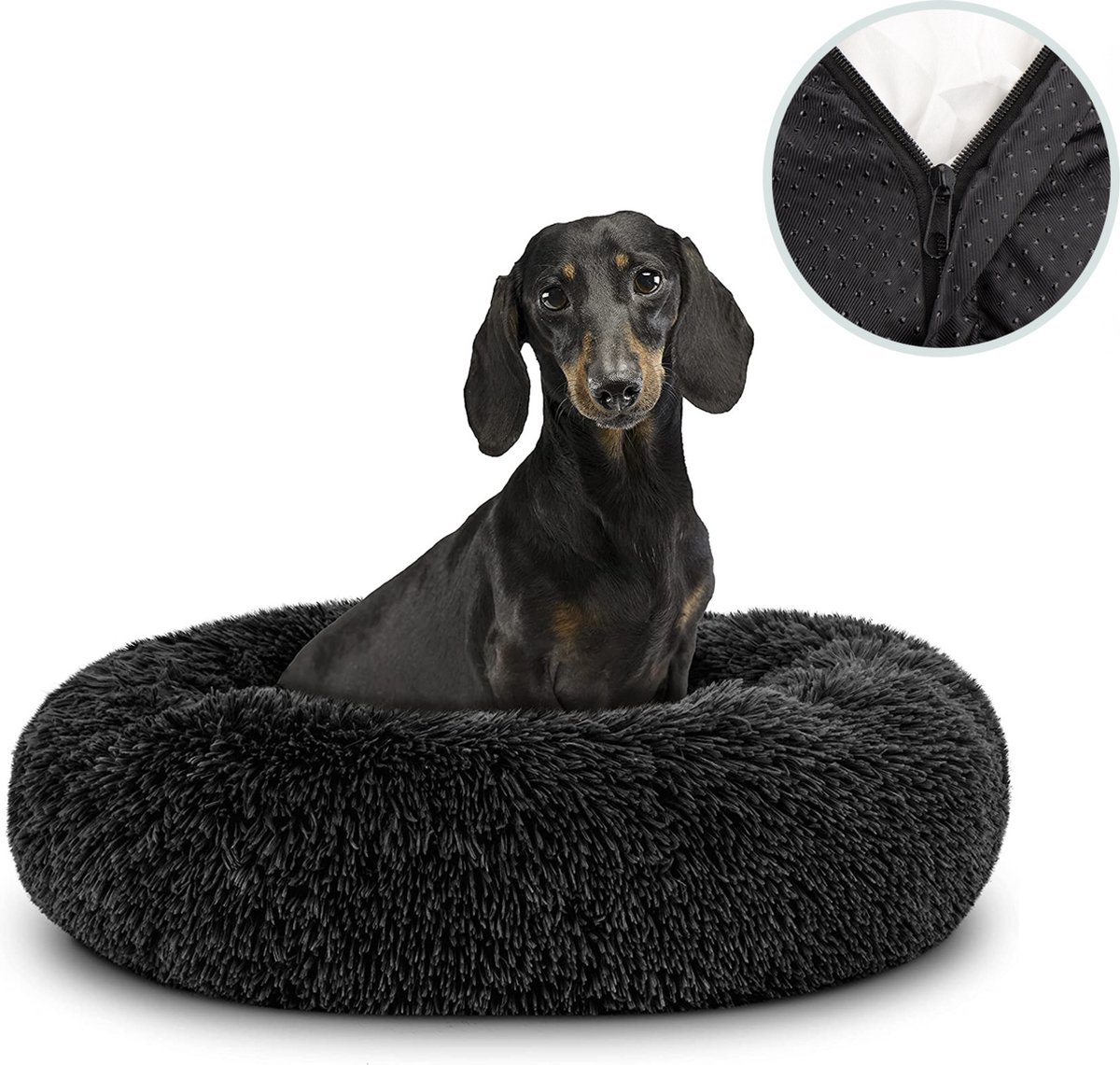 Behave Hondenmand Deluxe - Hondenkussen - Hondenbed - Donutmand - Wasbaar - Fluffy - Donut - Maat M - 60cm - Zwart