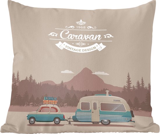 Sierkussens - Kussen - Illustratie van een vintage caravan in de bergen - 60x60 cm - Kussen van katoen