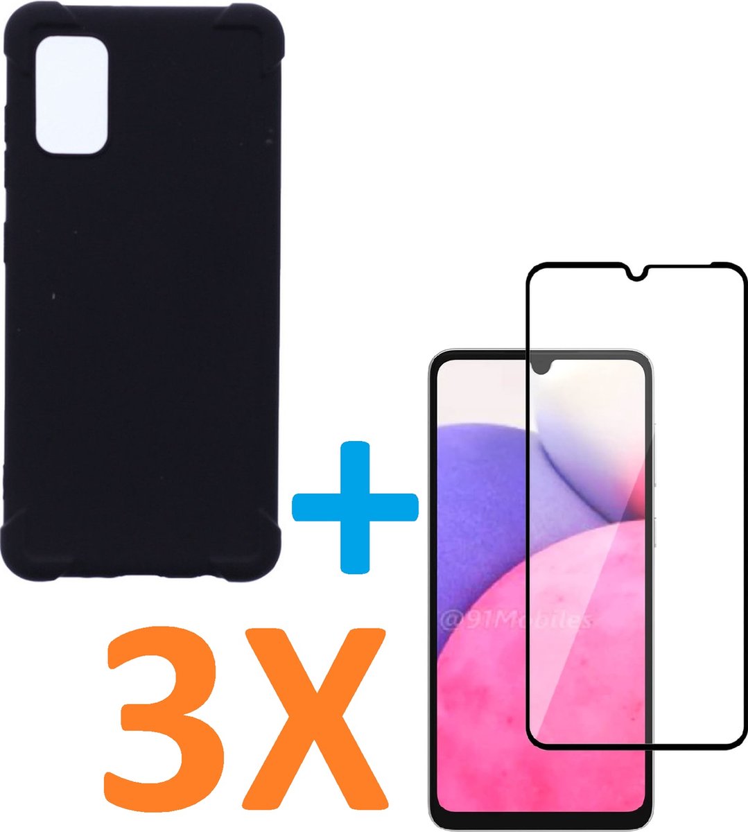 Anti-Shock silicone hoesje zwart met 3 Pack Full Tempered glas Screen Protector Geschikt voor: Samsung Galaxy A33 5G