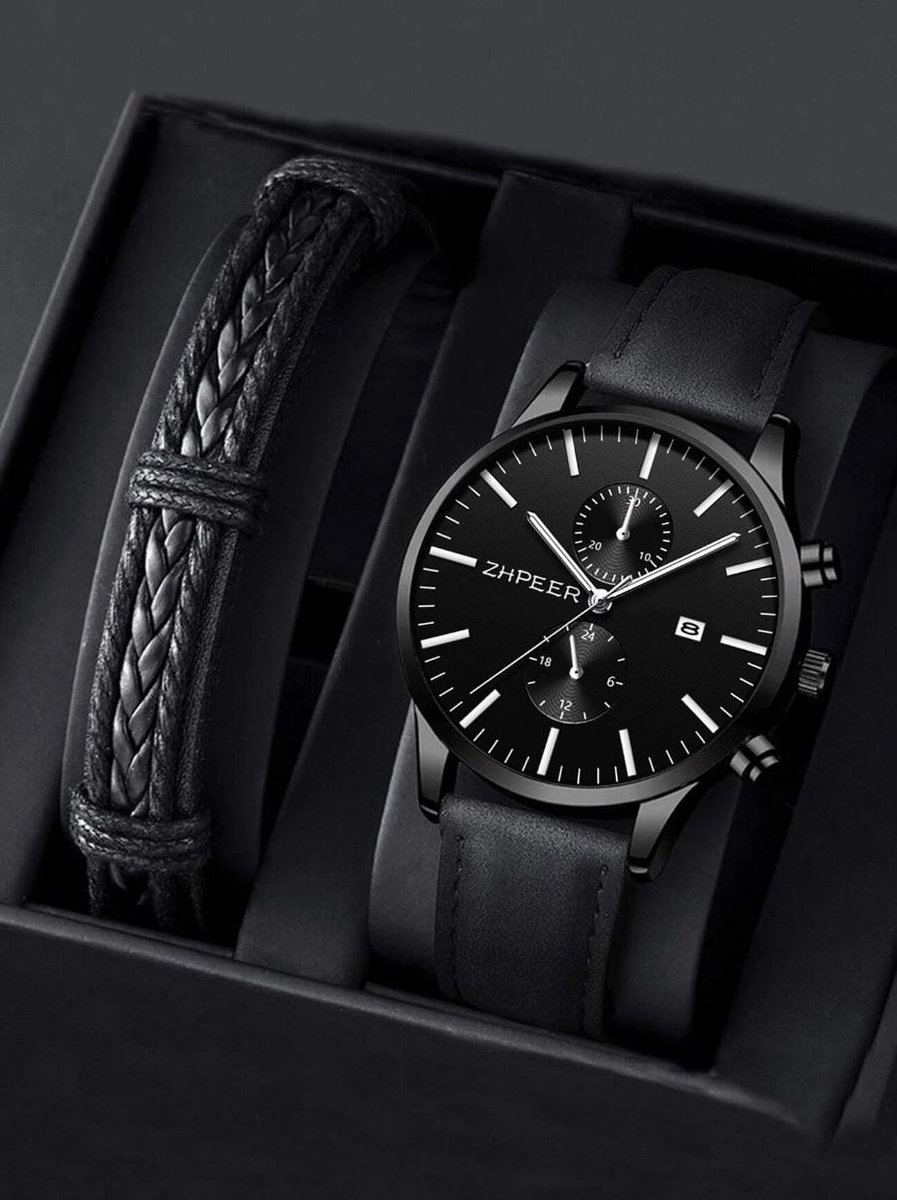 Herenhorloge zwart + gevlochten armband (zonder doosje)